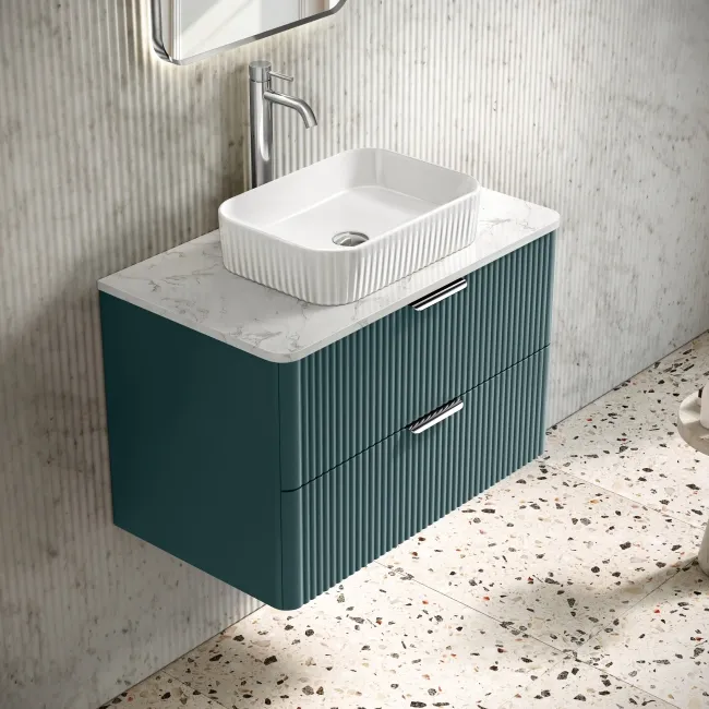 Cadiz Fluted Mystic Green Wall Hung Drawer Vanity with Marble Top & Reno Basin 800mm - Chrome Handles
