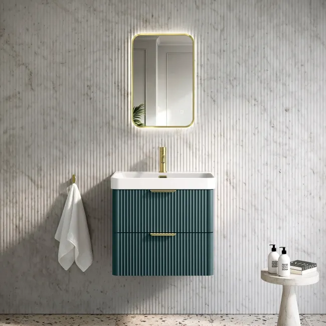 Cadiz Fluted Mystic Green Wall Hung Basin Drawer Vanity 600mm - Brushed Brass Accents