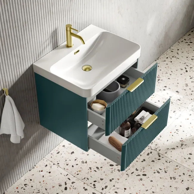 Cadiz Fluted Mystic Green Wall Hung Basin Drawer Vanity 600mm - Brushed Brass Accents
