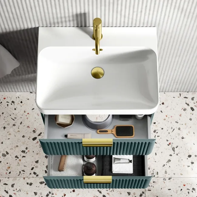 Cadiz Fluted Mystic Green Wall Hung Basin Drawer Vanity 600mm - Brushed Brass Accents
