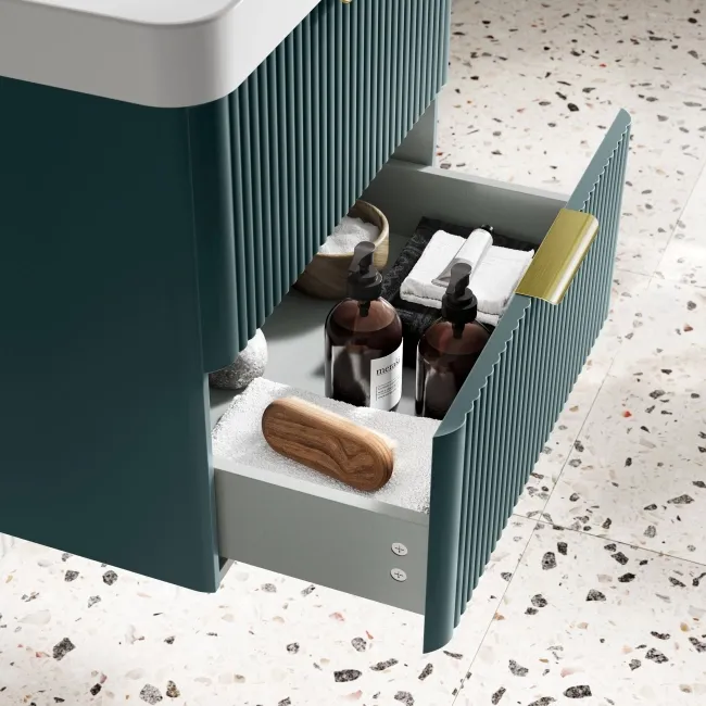 Cadiz Fluted Mystic Green Wall Hung Basin Drawer Vanity 600mm - Brushed Brass Accents