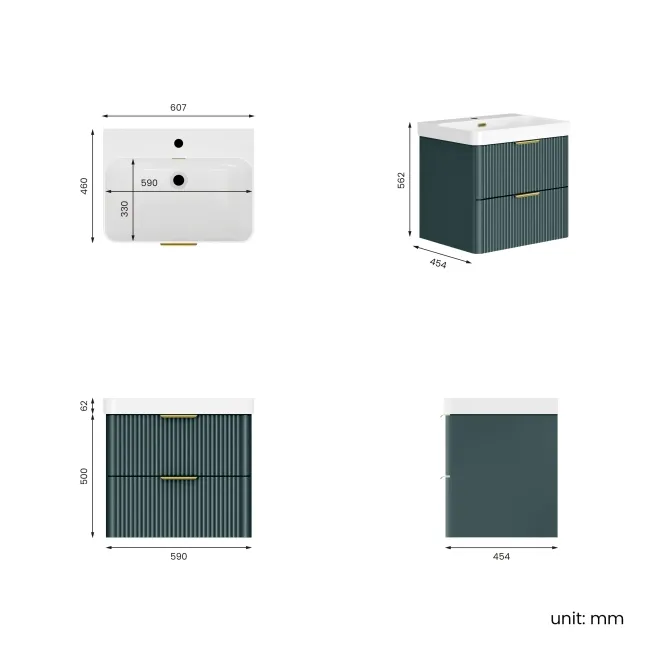 Cadiz Fluted Mystic Green Wall Hung Basin Drawer Vanity 600mm - Brushed Brass Accents