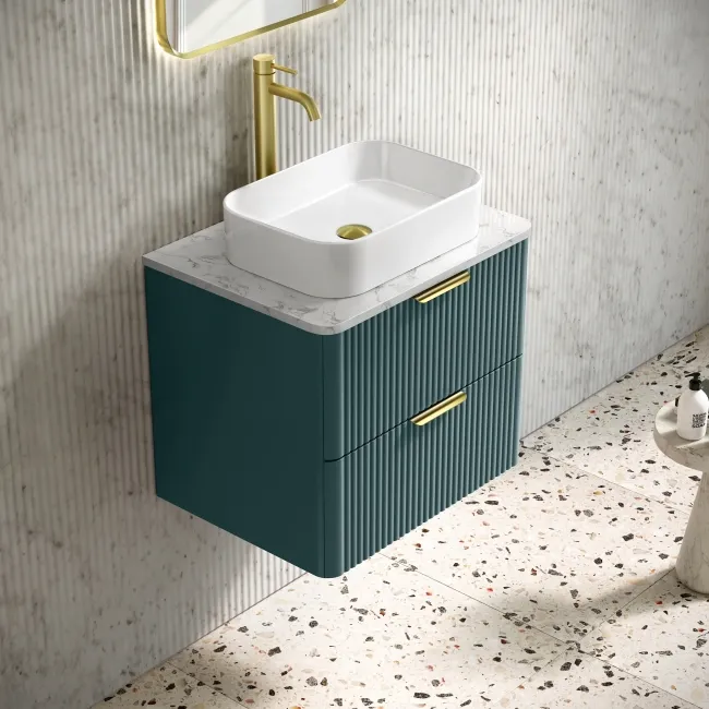 Cadiz Fluted Mystic Green Wall Hung Drawer Vanity with Marble Top 600mm (Excludes Basin) - Brushed Brass Accents