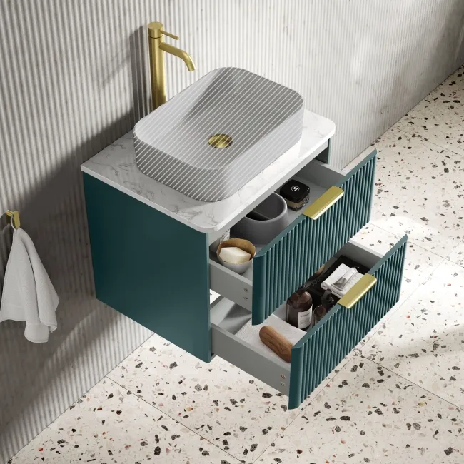 Cadiz Fluted Mystic Green Wall Hung Drawer Vanity with Marble Top 600mm (Excludes Basin) - Brushed Brass Accents