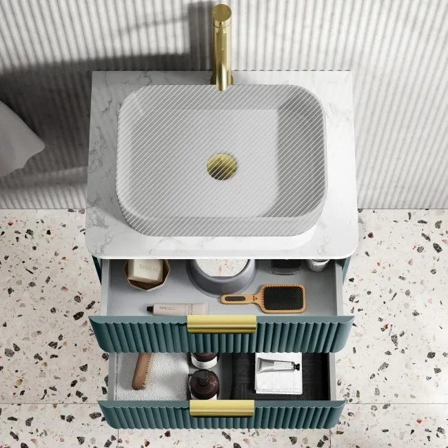 Cadiz Fluted Mystic Green Wall Hung Drawer Vanity with Marble Top 600mm (Excludes Basin) - Brushed Brass Accents