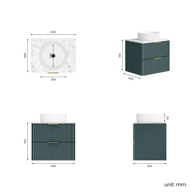Cadiz Fluted Mystic Green Wall Hung Drawer Vanity with Marble Top & Nevis Basin 600mm - Brushed Brass Accents