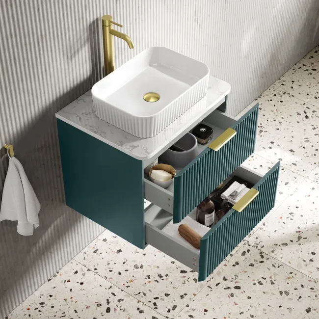 Cadiz Fluted Mystic Green Wall Hung Drawer Vanity with Marble Top & Reno Basin 600mm - Brushed Brass Accents