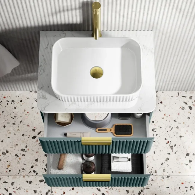 Cadiz Fluted Mystic Green Wall Hung Drawer Vanity with Marble Top & Reno Basin 600mm - Brushed Brass Accents