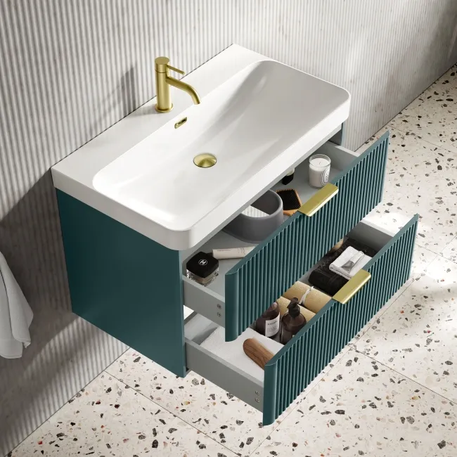 Cadiz Fluted Mystic Green Wall Hung Basin Drawer Vanity 800mm - Brushed Brass Accents