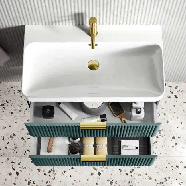 Cadiz Fluted Mystic Green Wall Hung Basin Drawer Vanity 800mm - Brushed Brass Accents