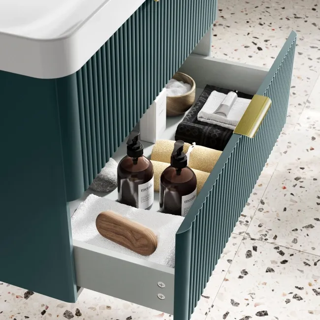 Cadiz Fluted Mystic Green Wall Hung Basin Drawer Vanity 800mm - Brushed Brass Accents