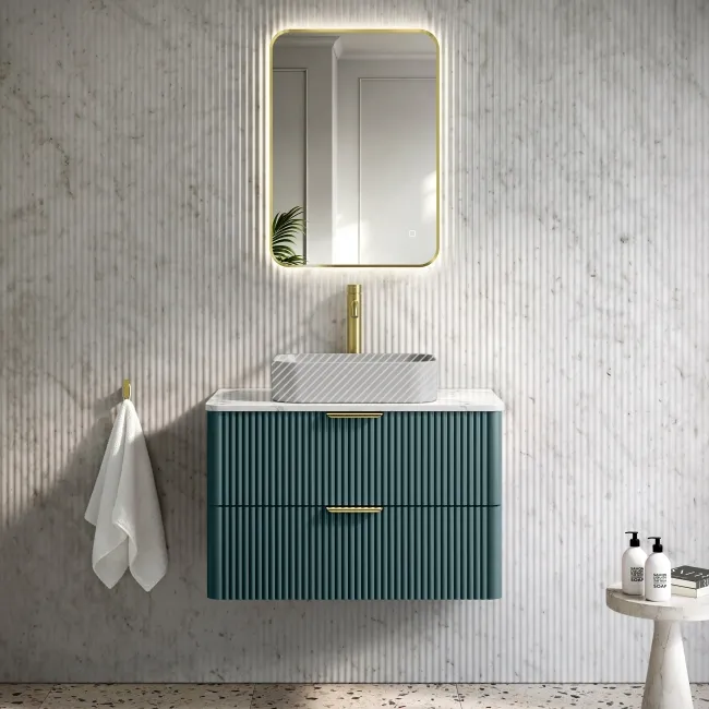 Cadiz Fluted Mystic Green Wall Hung Drawer Vanity with Marble Top 800mm (Excludes Basin) - Brushed Brass Accents