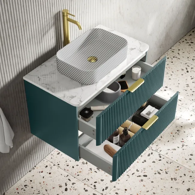 Cadiz Fluted Mystic Green Wall Hung Drawer Vanity with Marble Top 800mm (Excludes Basin) - Brushed Brass Accents
