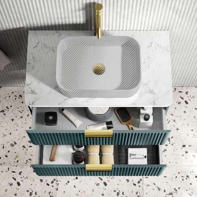 Cadiz Fluted Mystic Green Wall Hung Drawer Vanity with Marble Top 800mm (Excludes Basin) - Brushed Brass Accents