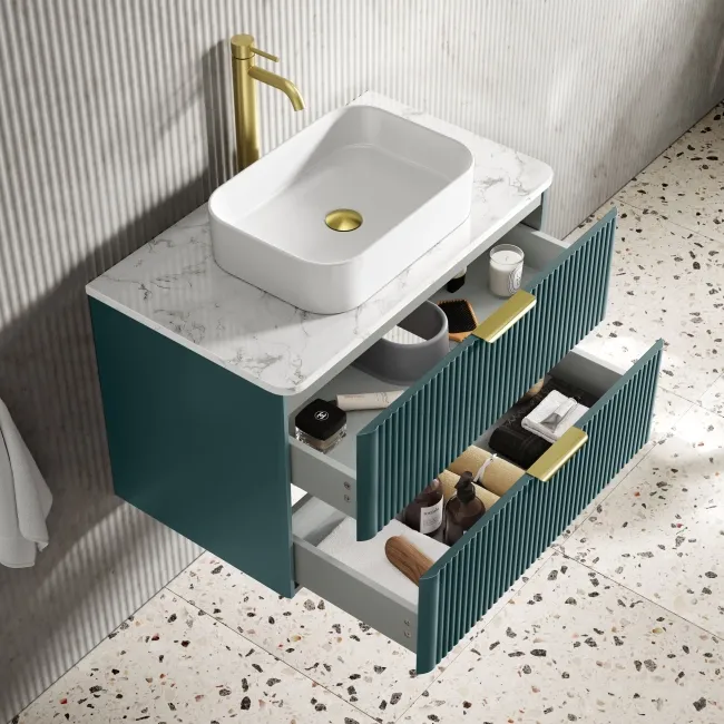 Cadiz Fluted Mystic Green Wall Hung Drawer Vanity with Marble Top & Marin Basin 800mm - Brushed Brass Accents