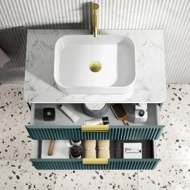 Cadiz Fluted Mystic Green Wall Hung Drawer Vanity with Marble Top & Marin Basin 800mm - Brushed Brass Accents