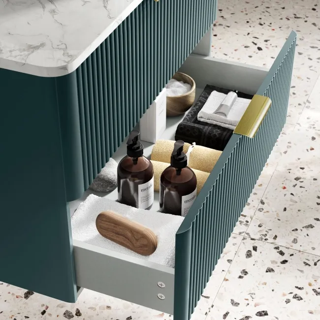 Cadiz Fluted Mystic Green Wall Hung Drawer Vanity with Marble Top & Marin Basin 800mm - Brushed Brass Accents