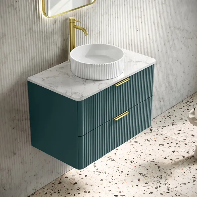 Cadiz Fluted Mystic Green Wall Hung Drawer Vanity with Marble Top & Nevis Basin 800mm - Brushed Brass Accents