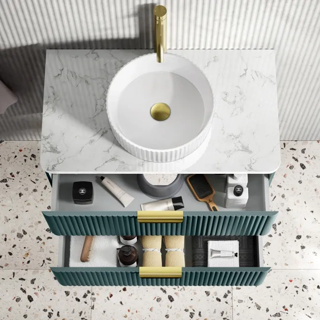 Cadiz Fluted Mystic Green Wall Hung Drawer Vanity with Marble Top & Nevis Basin 800mm - Brushed Brass Accents