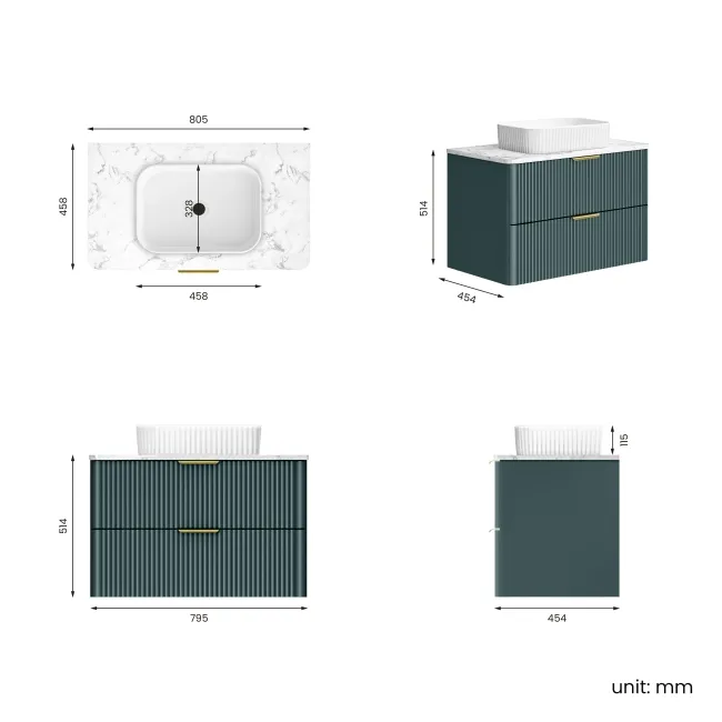 Cadiz Fluted Mystic Green Wall Hung Drawer Vanity with Marble Top & Reno Basin 800mm - Brushed Brass Accents