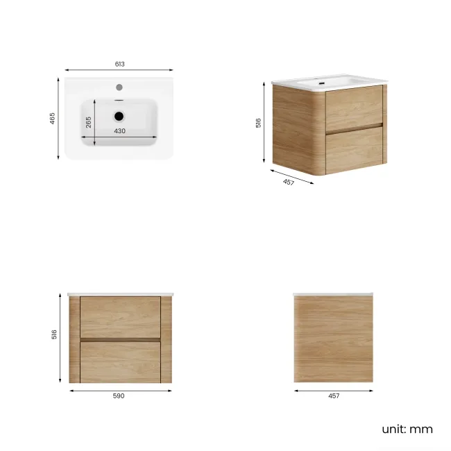 Jerez Country Oak Wall Hung Basin Drawer Vanity 600mm