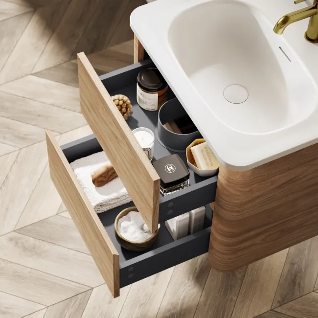 Jerez Country Oak Wall Hung Drawer Vanity with Matt White Basin 600mm