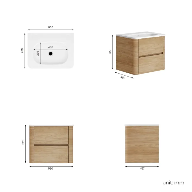 Jerez Country Oak Wall Hung Drawer Vanity with Matt White Basin 600mm