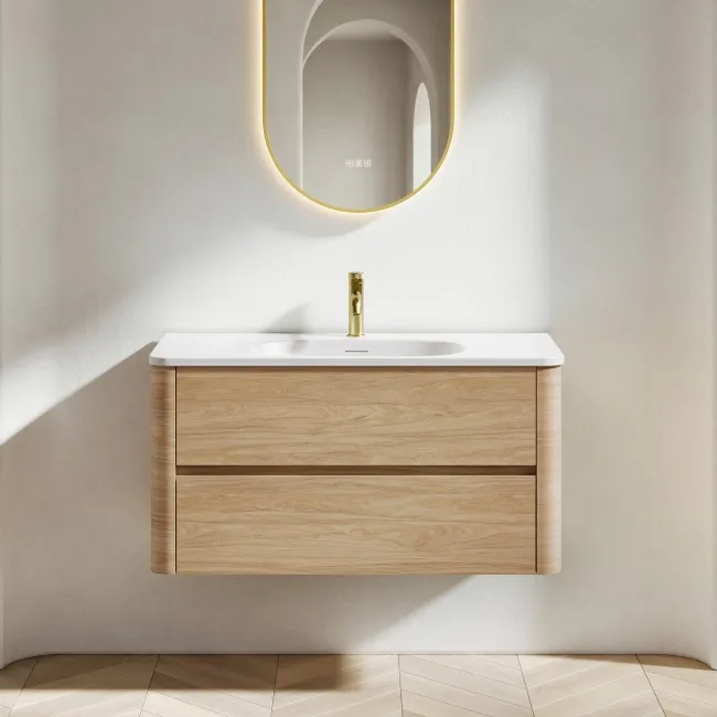 Jerez Country Oak Wall Hung Drawer Vanity with Matt White Basin 1000mm