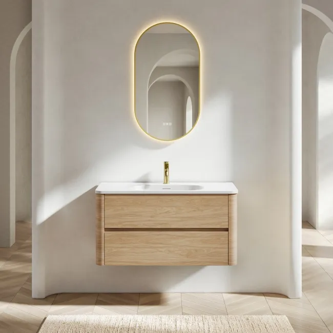 Jerez Country Oak Wall Hung Drawer Vanity with Matt White Basin 1000mm