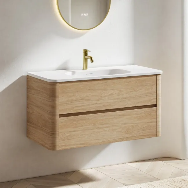 Jerez Country Oak Wall Hung Drawer Vanity with Matt White Basin 1000mm