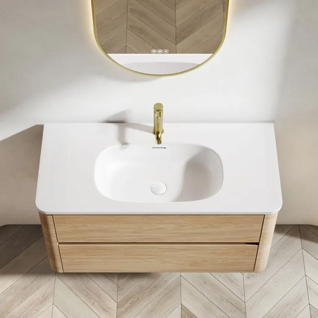 Jerez Country Oak Wall Hung Drawer Vanity with Matt White Basin 1000mm