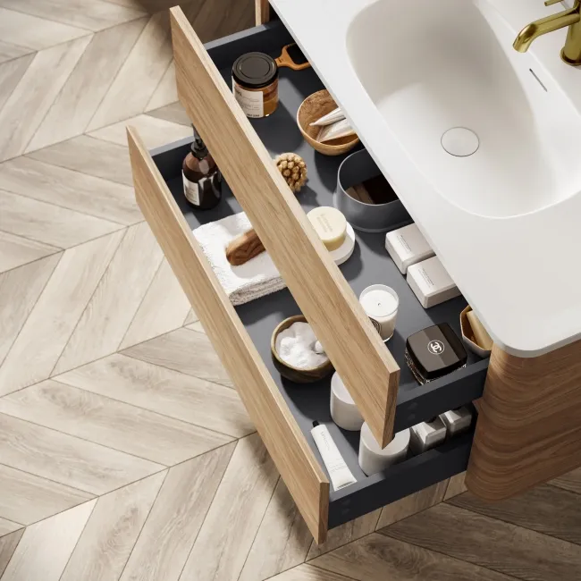 Jerez Country Oak Wall Hung Drawer Vanity with Matt White Basin 1000mm