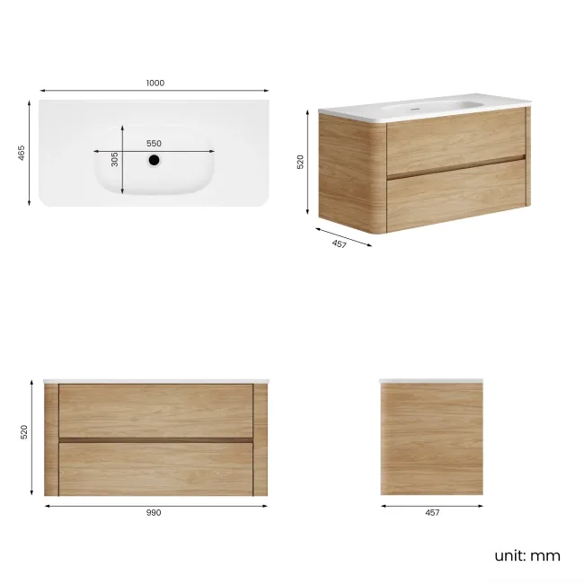 Jerez Country Oak Wall Hung Drawer Vanity with Matt White Basin 1000mm