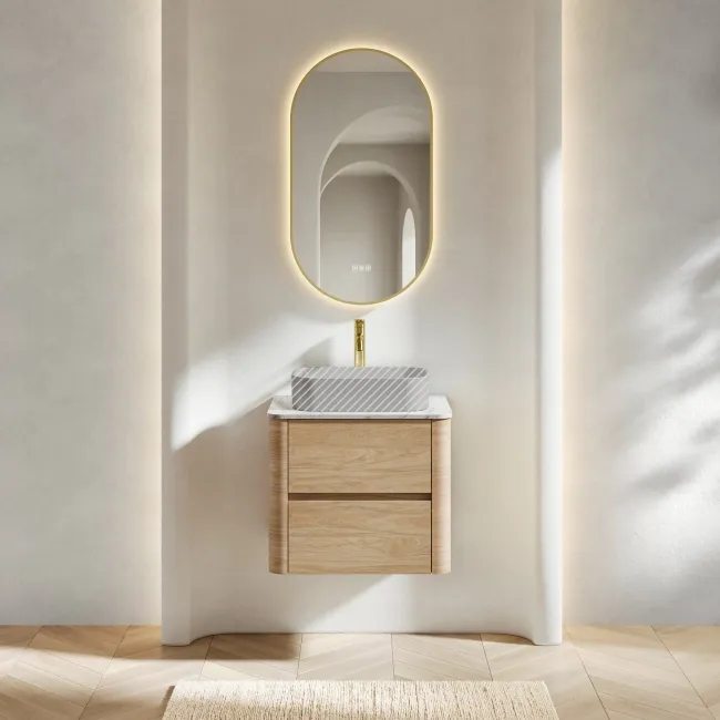 Jerez Country Oak Wall Hung Drawer Vanity with Marble Top 600mm - Excludes Basin