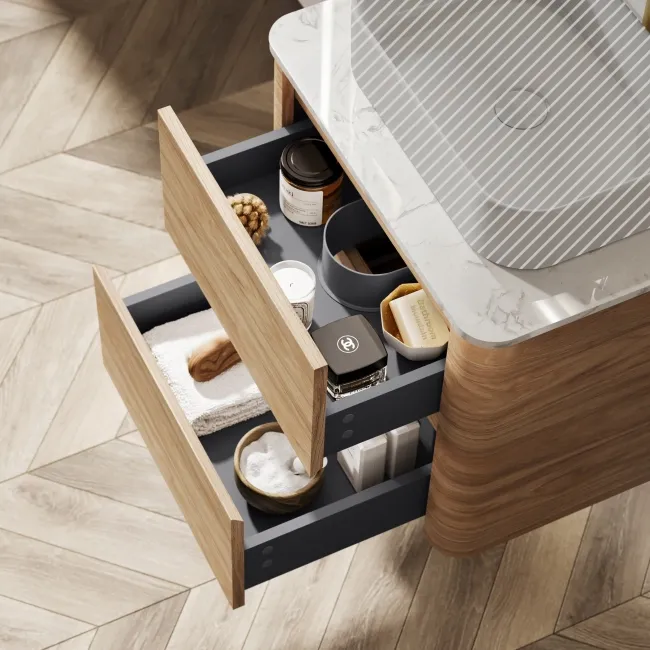 Jerez Country Oak Wall Hung Drawer Vanity with Marble Top 600mm - Excludes Basin