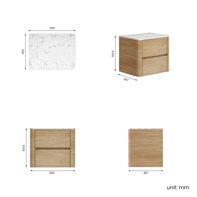 Jerez Country Oak Wall Hung Drawer Vanity with Marble Top 600mm - Excludes Basin