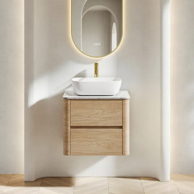 Jerez Country Oak Wall Hung Drawer Vanity with Marble Top & Curved Basin 600mm