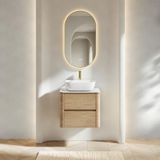 Jerez Country Oak Wall Hung Drawer Vanity with Marble Top & Curved Basin 600mm
