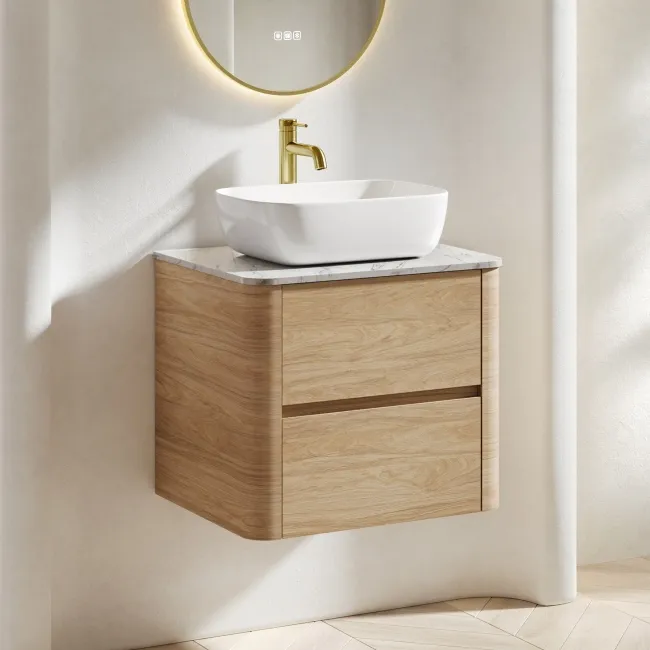 Jerez Country Oak Wall Hung Drawer Vanity with Marble Top & Curved Basin 600mm