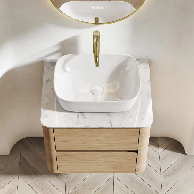 Jerez Country Oak Wall Hung Drawer Vanity with Marble Top & Curved Basin 600mm