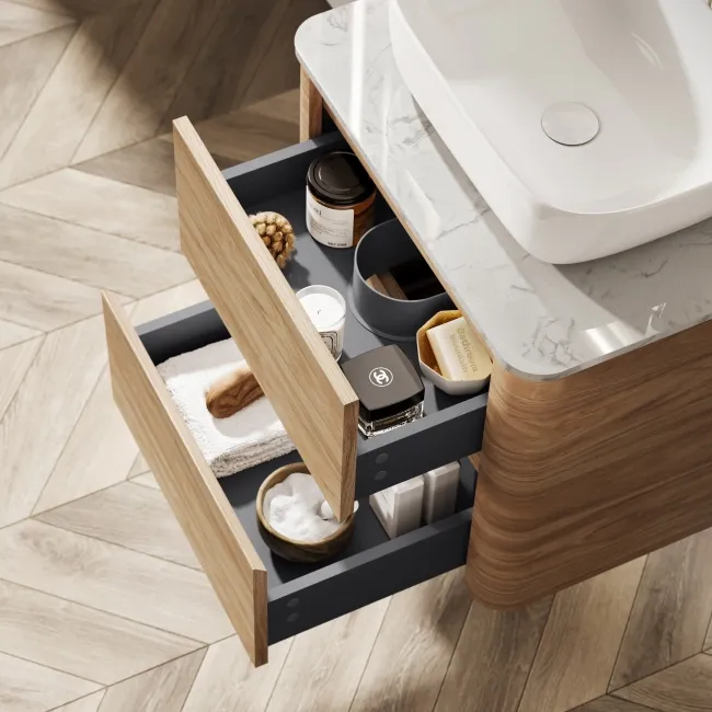 Jerez Country Oak Wall Hung Drawer Vanity with Marble Top & Curved Basin 600mm