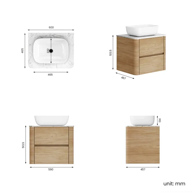 Jerez Country Oak Wall Hung Drawer Vanity with Marble Top & Curved Basin 600mm