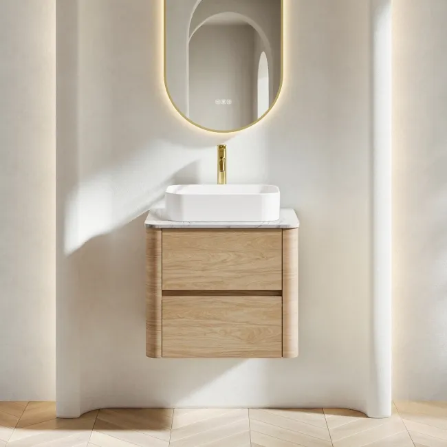 Jerez Country Oak Wall Hung Drawer Vanity with Marble Top & Marin Basin 600mm