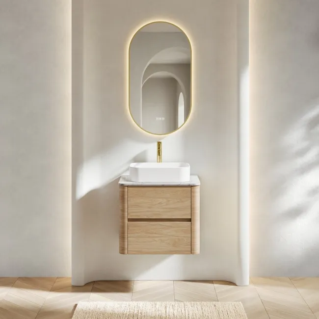 Jerez Country Oak Wall Hung Drawer Vanity with Marble Top & Marin Basin 600mm