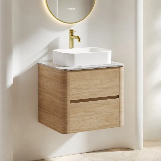 Jerez Country Oak Wall Hung Drawer Vanity with Marble Top & Marin Basin 600mm