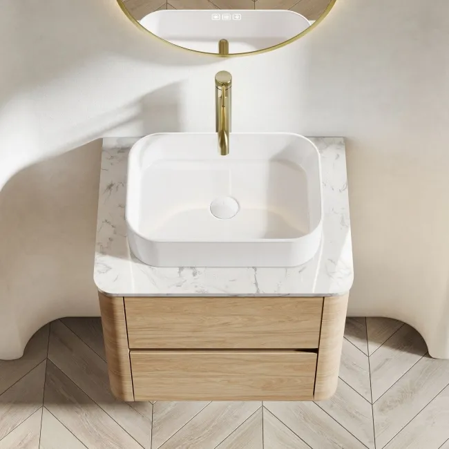Jerez Country Oak Wall Hung Drawer Vanity with Marble Top & Marin Basin 600mm