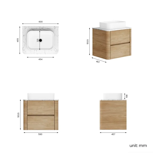 Jerez Country Oak Wall Hung Drawer Vanity with Marble Top & Marin Basin 600mm