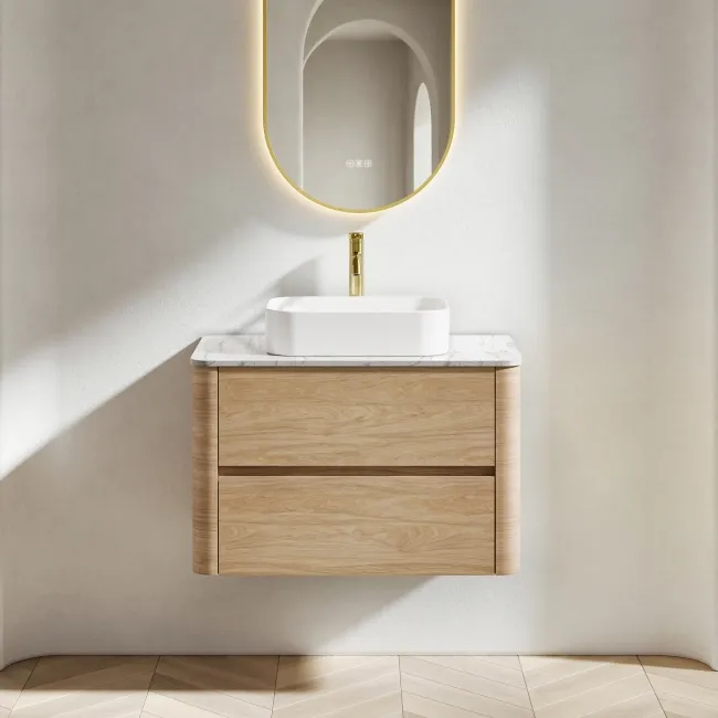 Jerez Country Oak Wall Hung Drawer Vanity with Marble Top 800mm - Excludes Basin