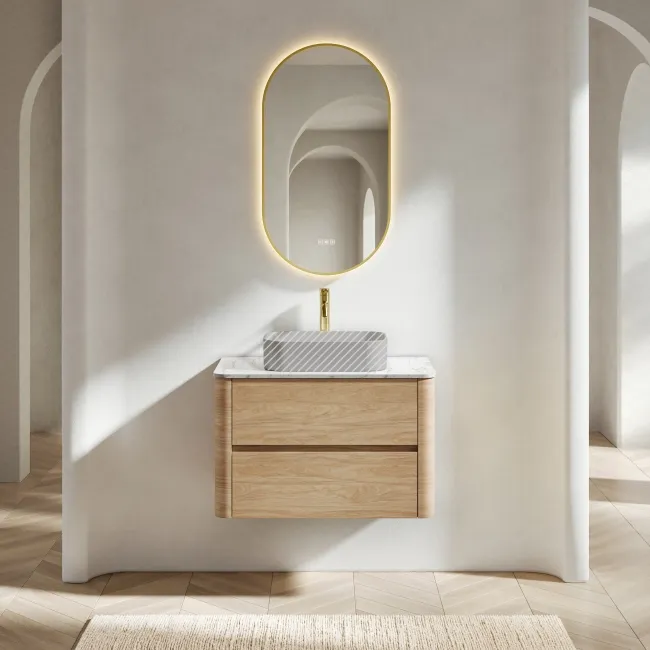 Jerez Country Oak Wall Hung Drawer Vanity with Marble Top 800mm - Excludes Basin