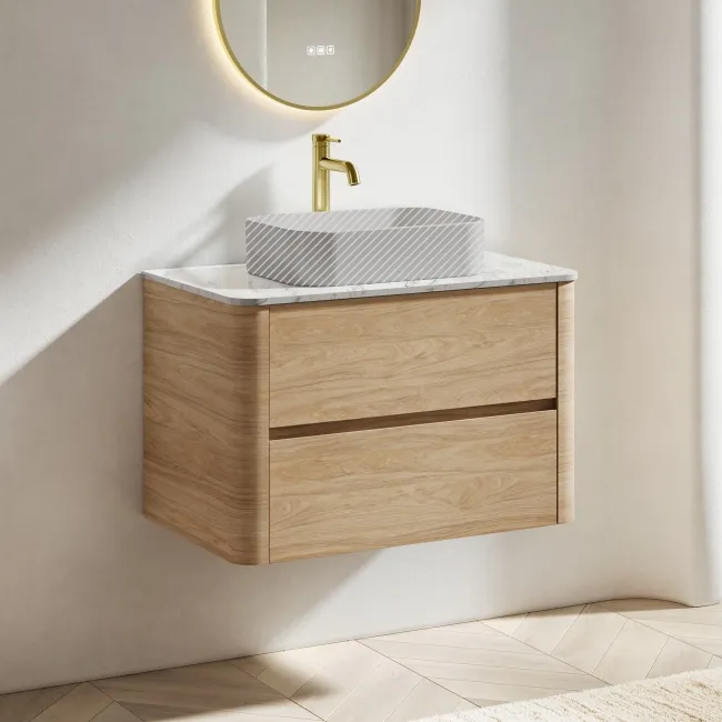 Jerez Country Oak Wall Hung Drawer Vanity with Marble Top 800mm - Excludes Basin